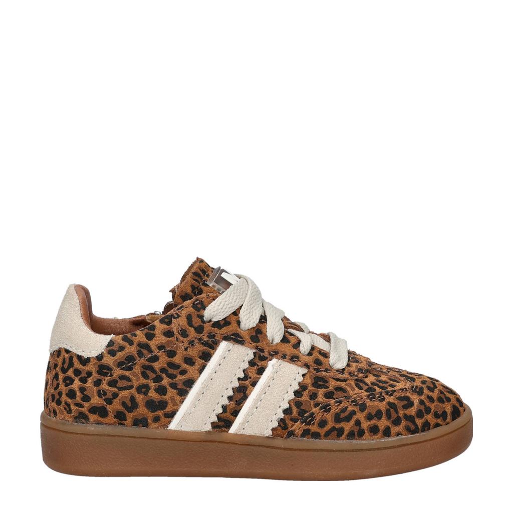Cognackleurige meisjes Nelson Kids suède sneakers met veters en panterprint