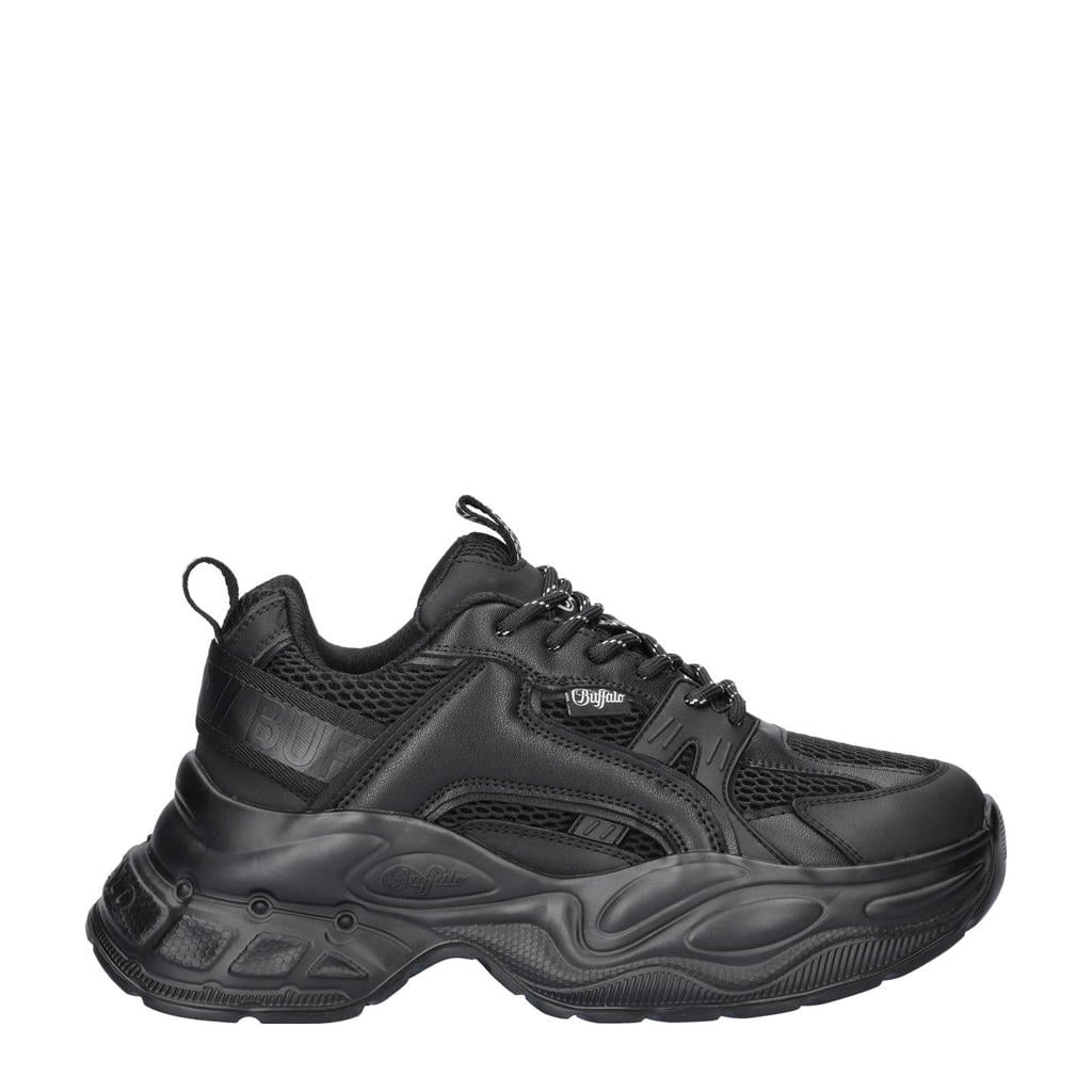 Zwarte dames Buffalo Yuno chunky sneakers van imitatieleer en textiel met veters