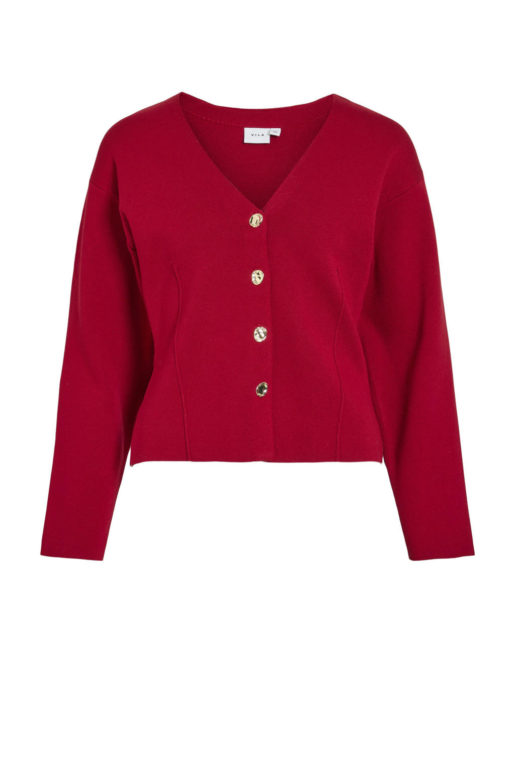 Rode dames VILA vest gebreid van viscose met effen, lange mouwen, V-hals en knoopsluiting