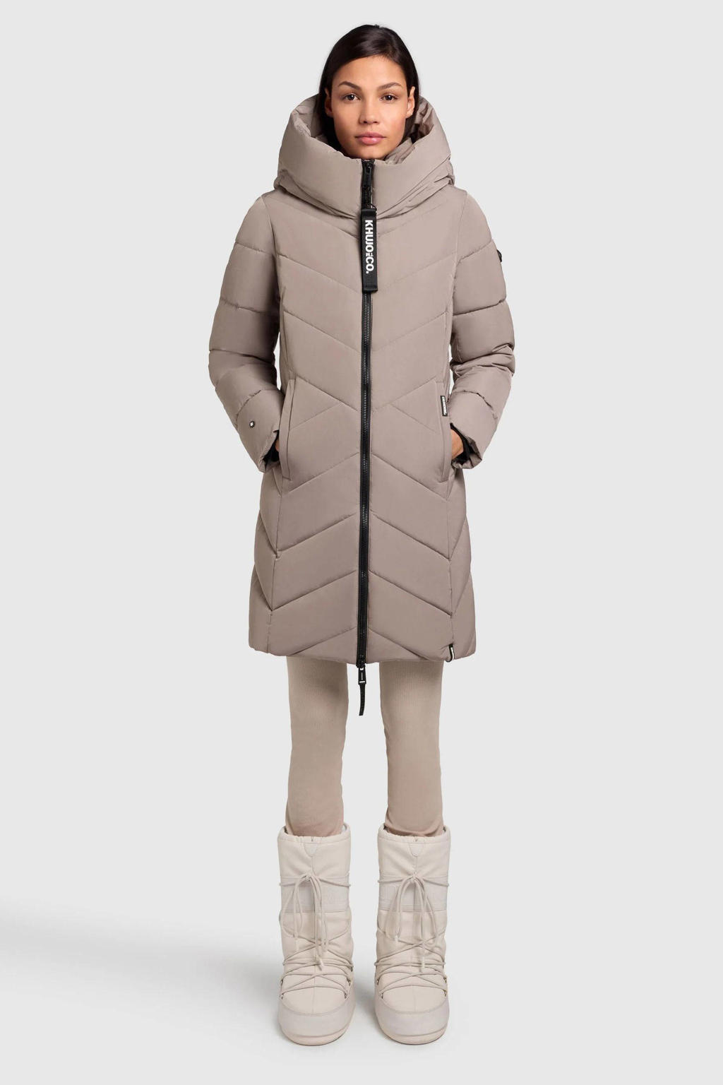 Taupe dames Khujo winterjas van polyester met effen, lange mouwen, capuchon en 2-way rits