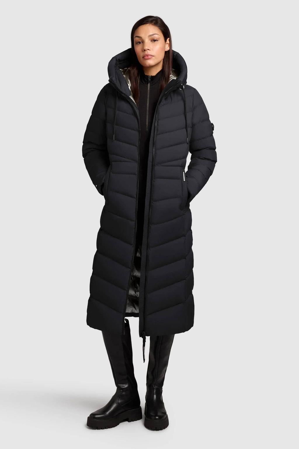 Zwarte dames Khujo winterjas van polyester met effen, lange mouwen, capuchon en 2-way rits