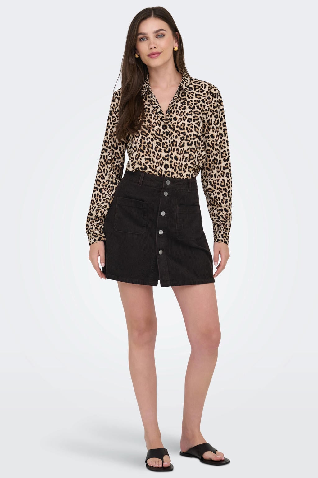 Bruine dames JDY blouse van polyester met dierenprint, lange mouwen, klassieke kraag, knoopsluiting en geweven detail