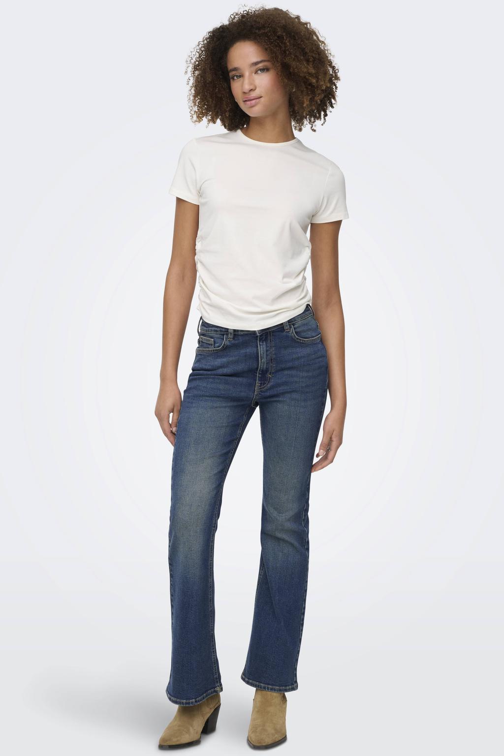 Dark blue denim dames JDY high waist flared jeans dark blue van denim met rits- en knoopsluiting en effen