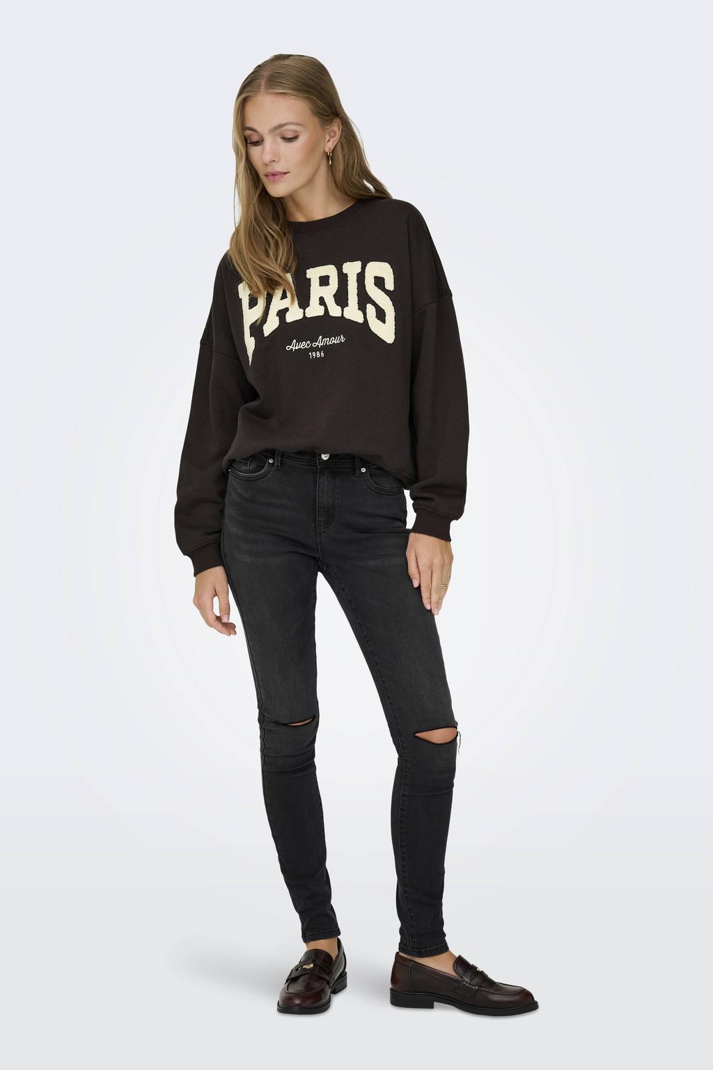 Donkerblauwe dames JDY sweater met tekst print, lange mouwen, ronde hals en borduursels