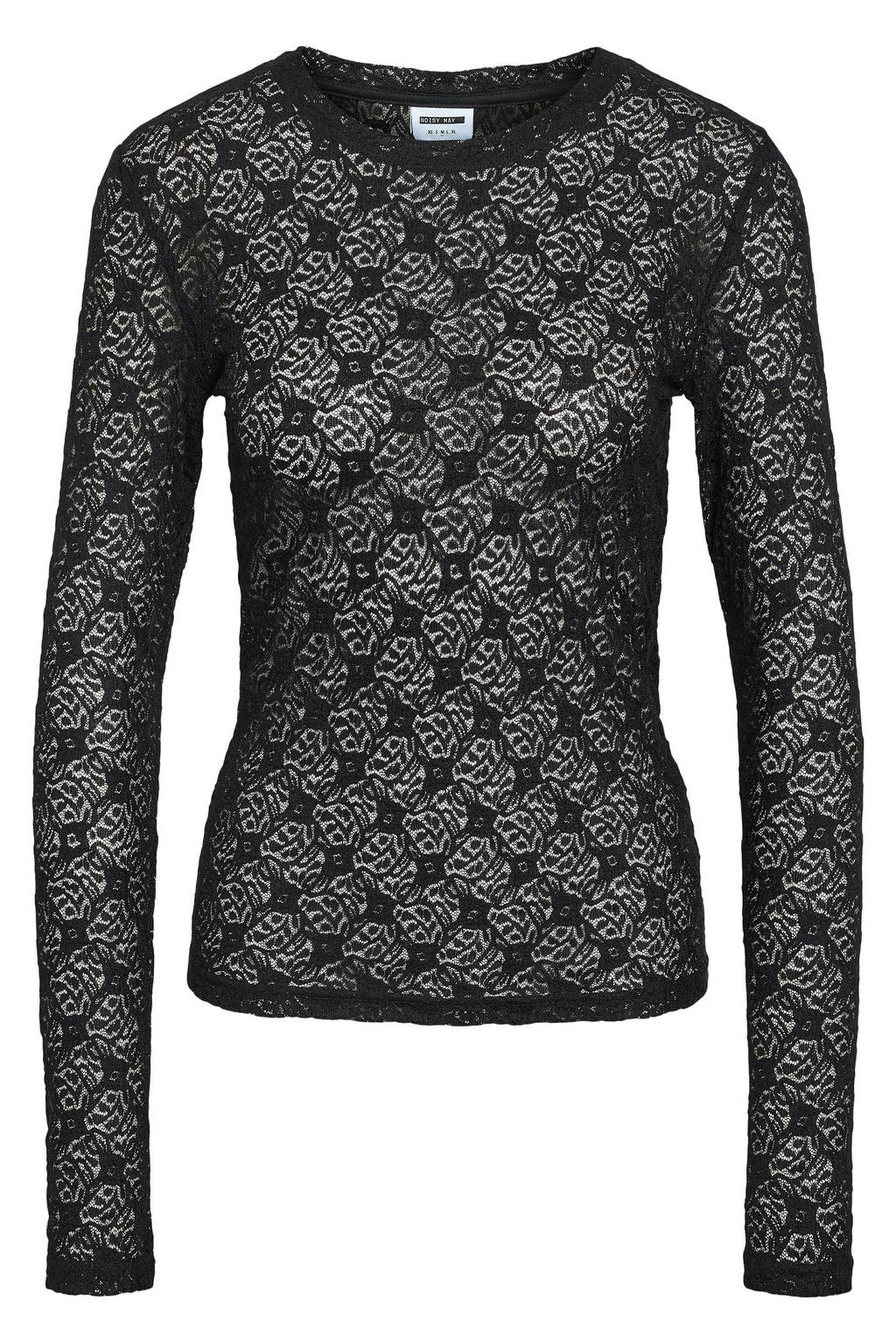 Zwarte dames NOISY MAY Curve top van polyester met effen, lange mouwen, ronde hals en kant