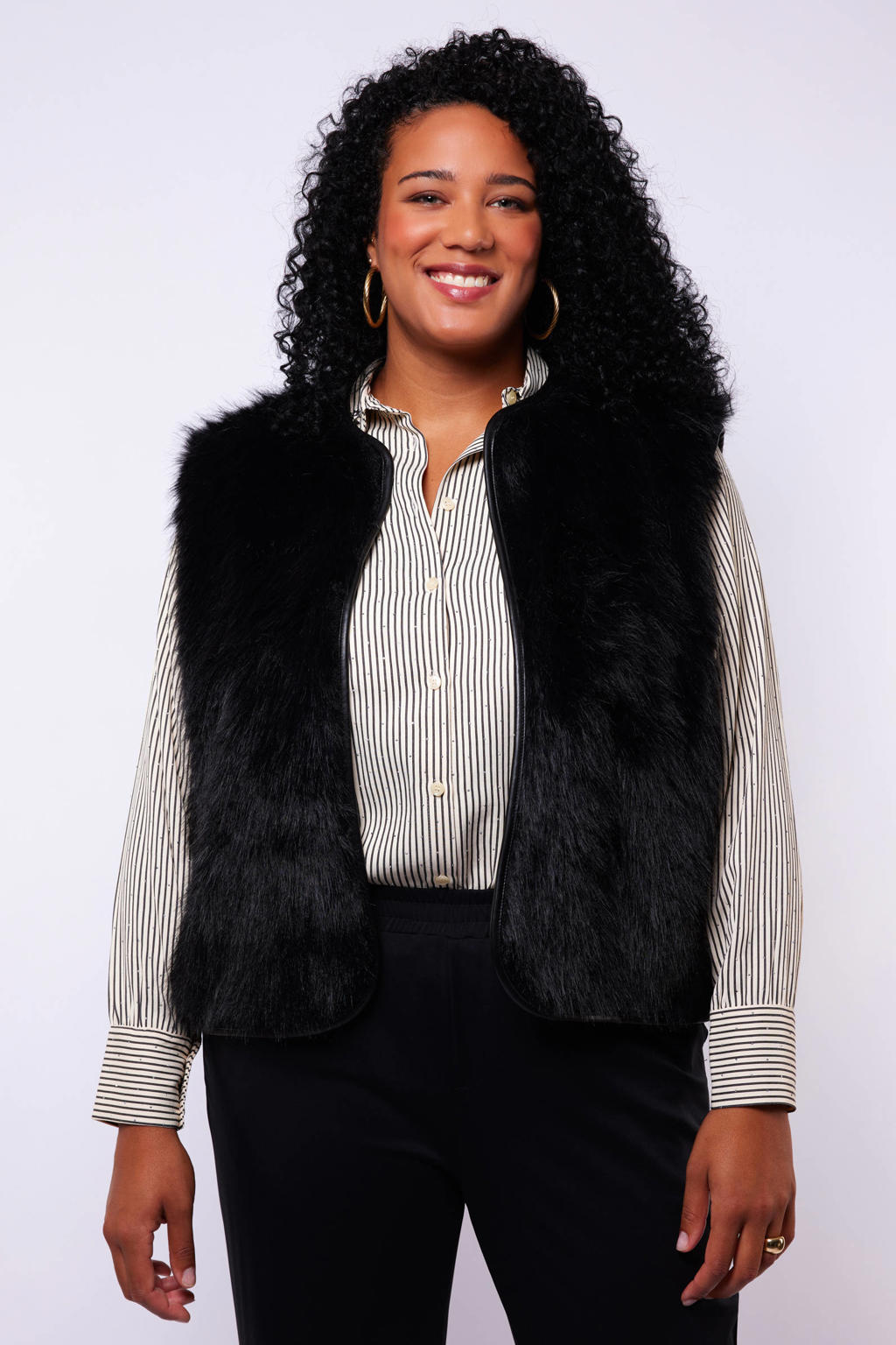 Zwarte dames Exxcellent gilet van imitatiebont met effen en ronde hals