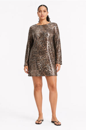 mini jurk met panterprint met pailletten beige