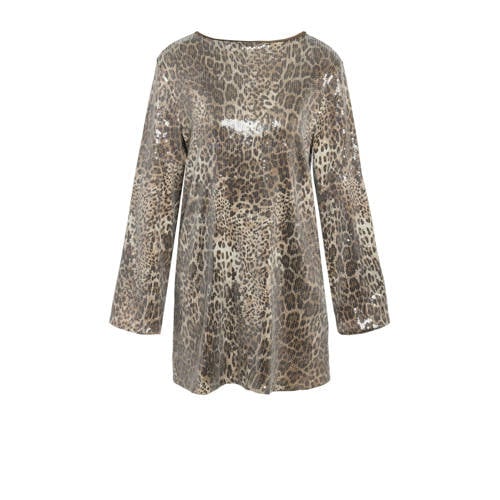 NOISY MAY Curve mini jurk met panterprint met pailletten beige afbeelding