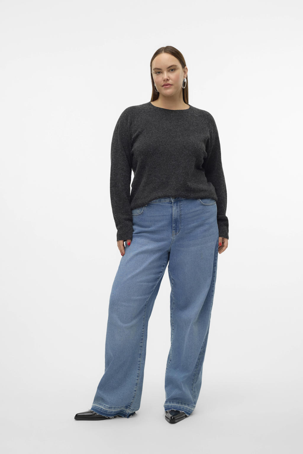 Antraciete dames VERO MODA CURVE gebreide trui van polyester met effen, lange mouwen en ronde hals