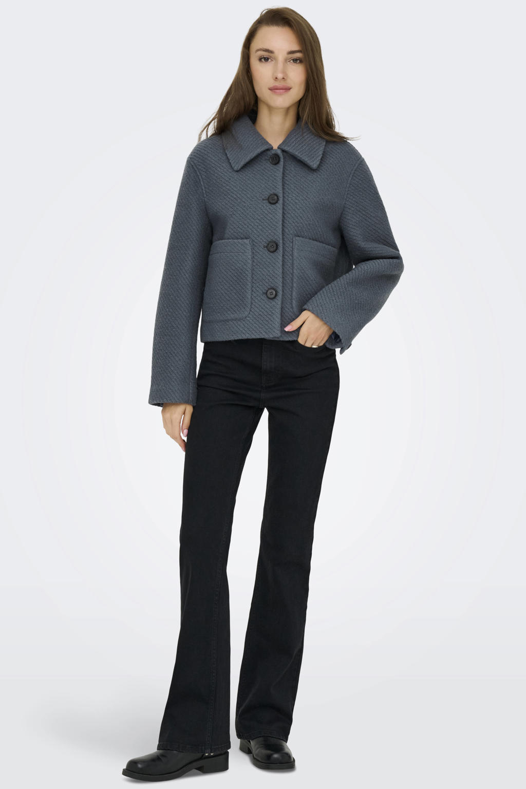 Grijsblauwe dames JDY wollen jasje blauw met effen, lange mouwen, klassieke kraag en knoopsluiting