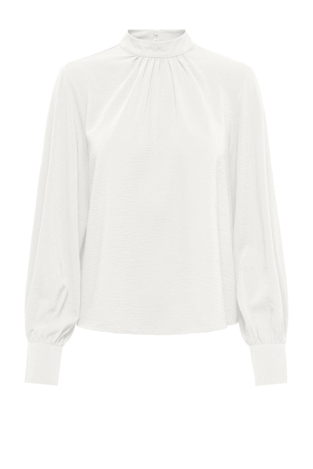 Witte dames JDY blousetop van polyester met effen, lange mouwen, opstaande kraag, knoopsluiting en plooien