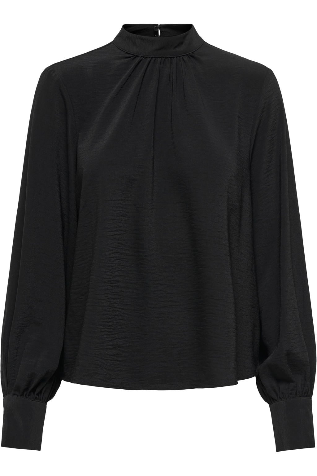 Zwarte dames JDY blousetop van polyester met effen, lange mouwen, opstaande kraag, knoopsluiting en plooien