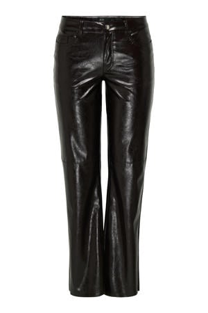 imitatieleren wide leg regular waist casual broek donkerbruin