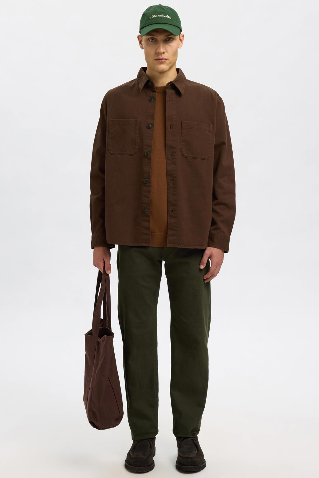 Bruine heren SELECTED HOMME overshirt van katoen met effen, lange mouwen, klassieke kraag en knoopsluiting