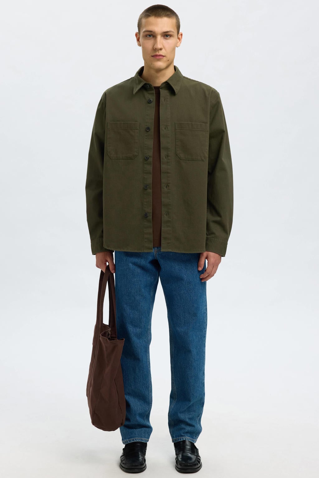 Donkergroene heren Selected overshirt van katoen met effen, lange mouwen, klassieke kraag en knoopsluiting