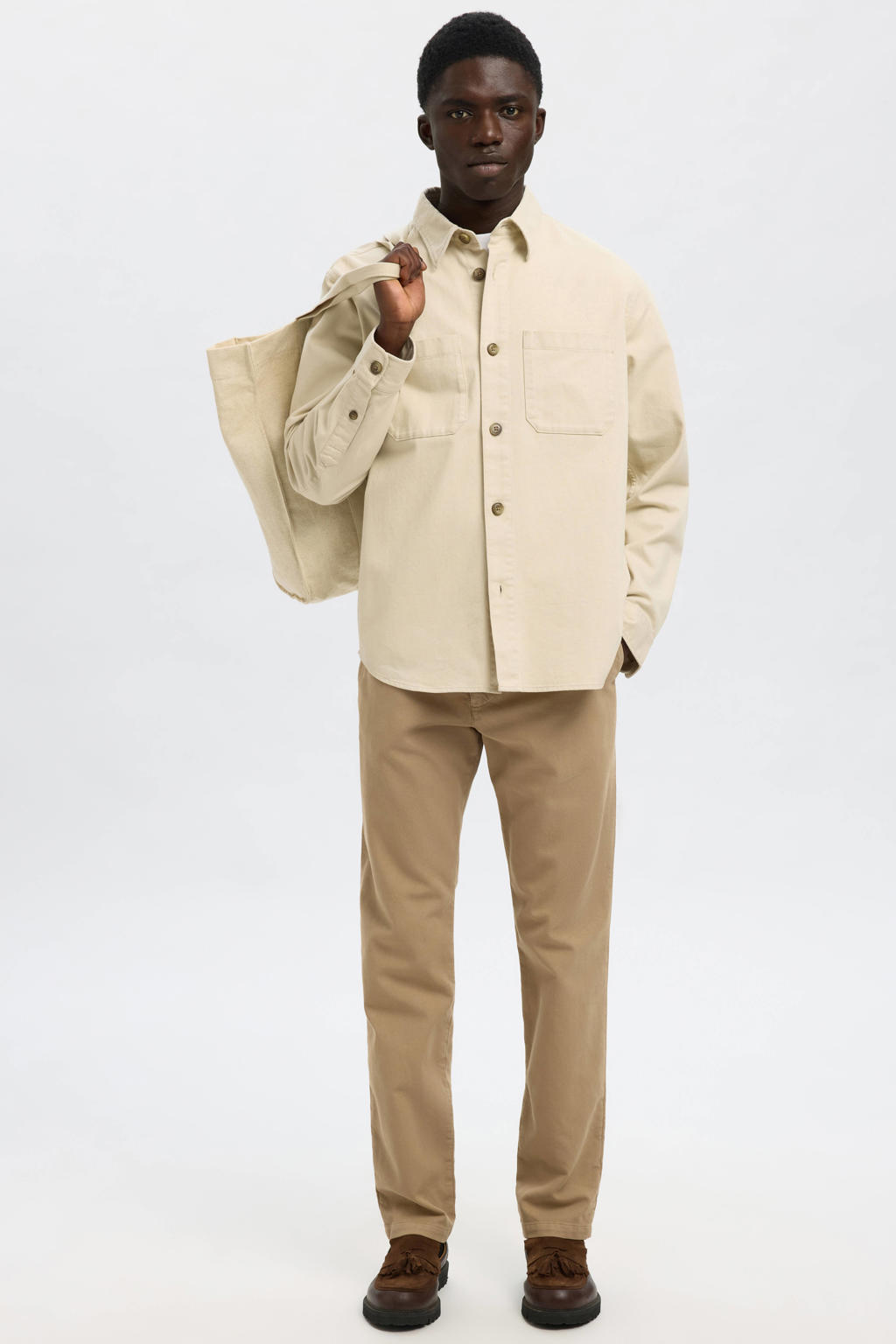 Ecru heren Selected overshirt van katoen met effen, lange mouwen, klassieke kraag en knoopsluiting