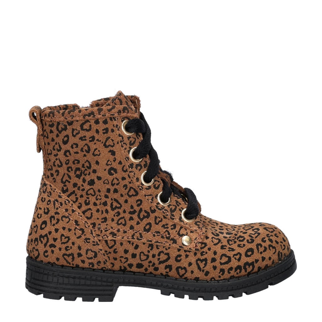 Cognackleurige meisjes Nelson Kids suède veterboots met rits- en vetersluiting en panterprint