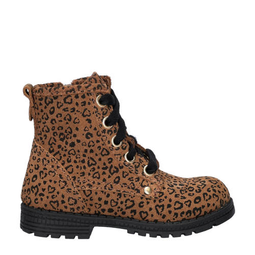 Nelson Kids suède veterboots met panterprint cognac afbeelding