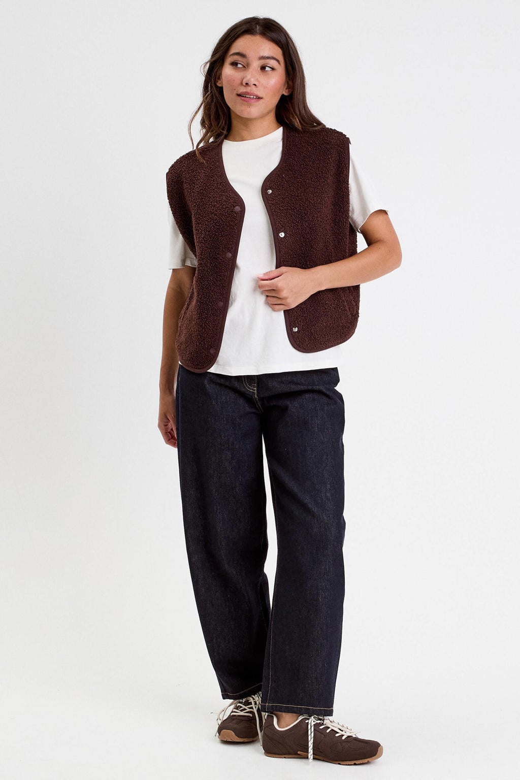 Donkerblauwe dames Cache Cache teddy gilet met effen, ronde hals en drukknoopsluiting