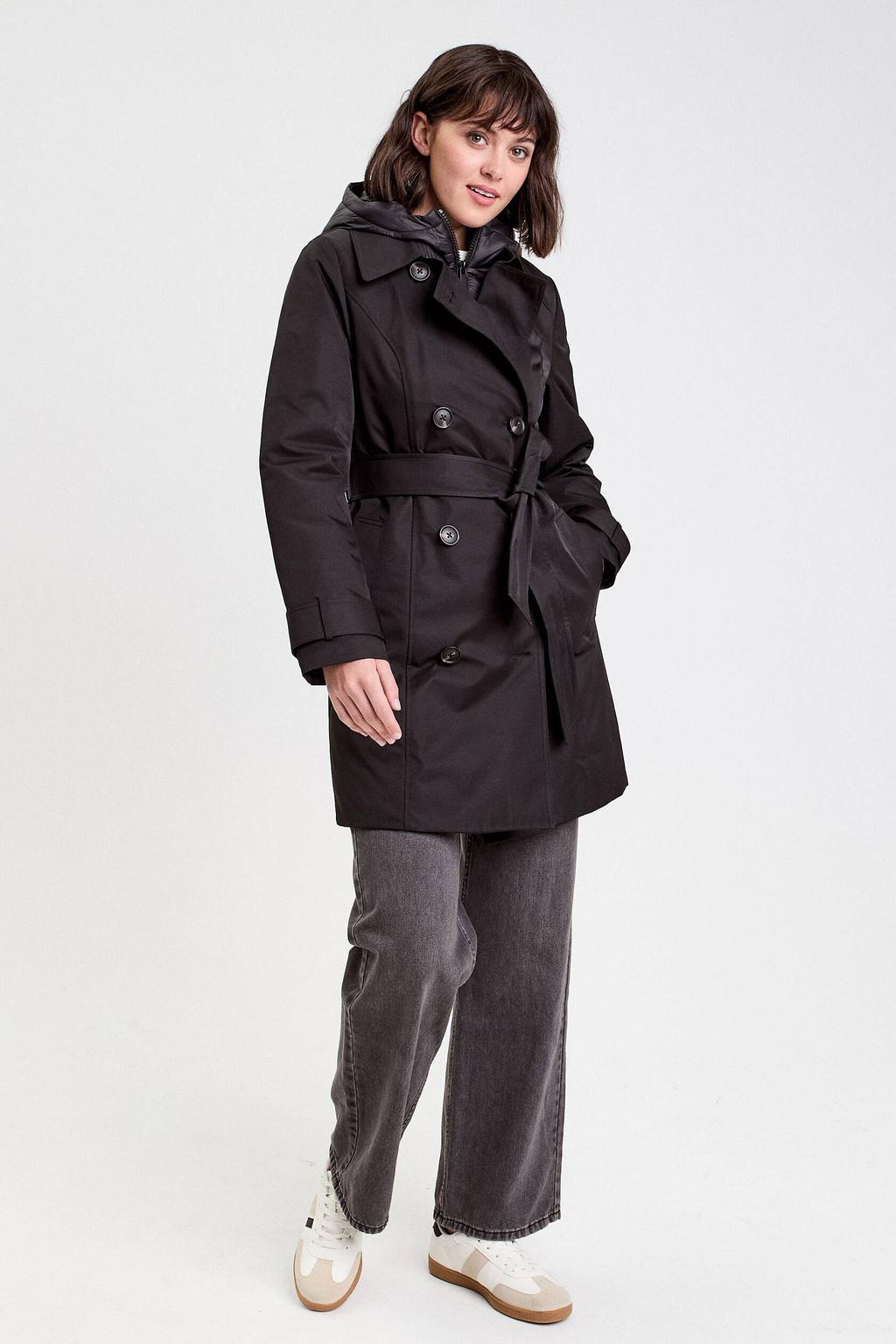 Zwarte dames Cache Cache trenchcoat van polyester met effen, lange mouwen en capuchon