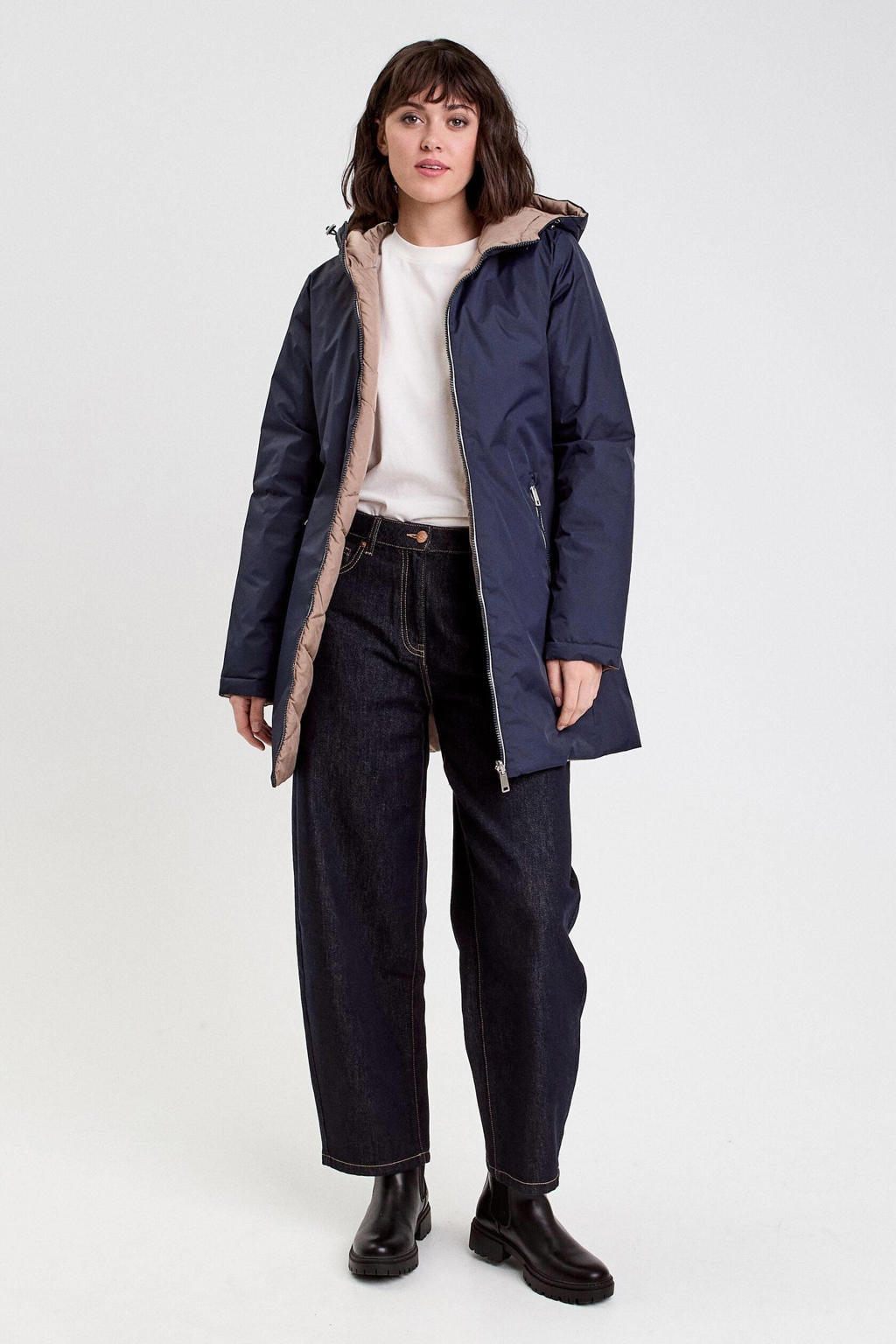 Donkerblauw en beige dames Cache Cache reversible jas van polyamide met effen, lange mouwen, capuchon en ritssluiting