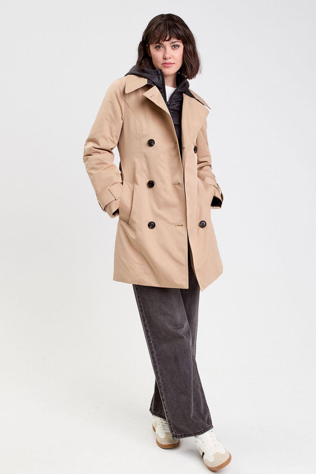 Camelkleurige dames Cache Cache trenchcoat van polyester met effen, lange mouwen en capuchon