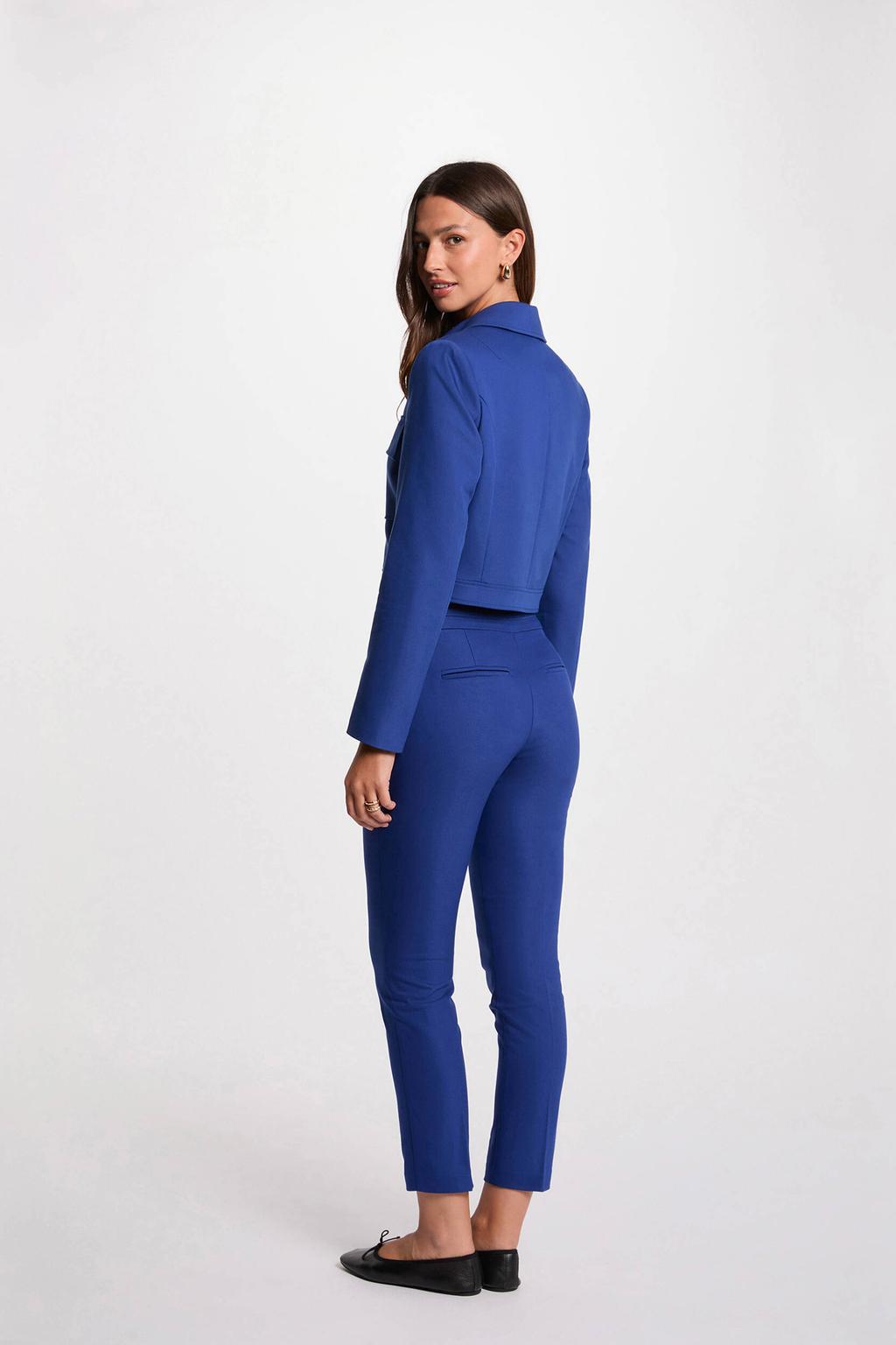 Blauwe dames Morgan skinny regular waist broek van katoen met halve rits en effen