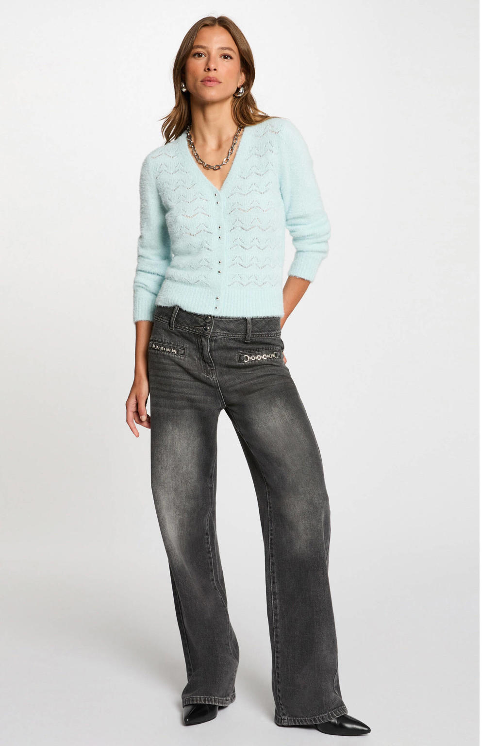 Lichtblauwe dames Morgan gebreid vest ajour van polyamide met effen, korte mouwen, V-hals en knoopsluiting