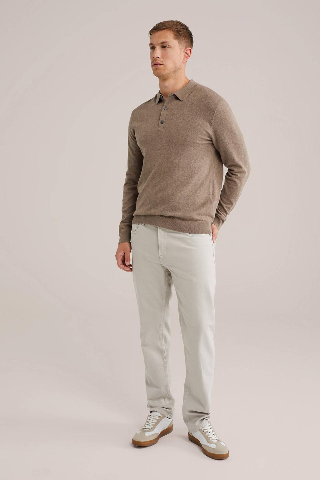 Bruine heren WE Fashion regular polo gebreid van katoen met effen, lange mouwen en knoopsluiting