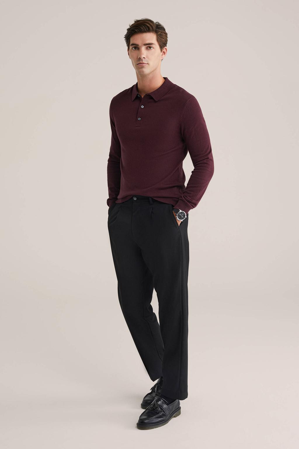 Donkerrode heren WE Fashion regular polo gebreid van katoen met effen, lange mouwen en knoopsluiting