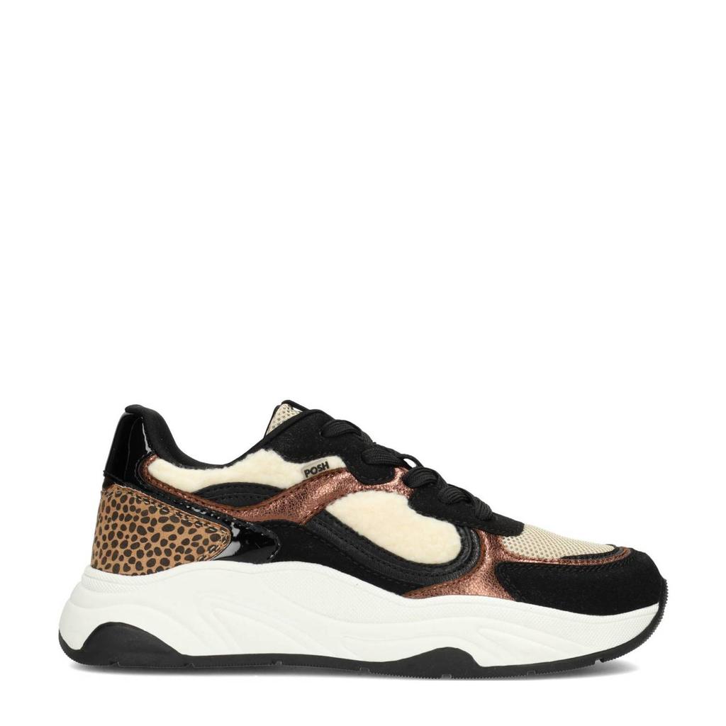 Zwarte dames POSH by Poelman Macy chunky sneakers van synthetisch materiaal met veters