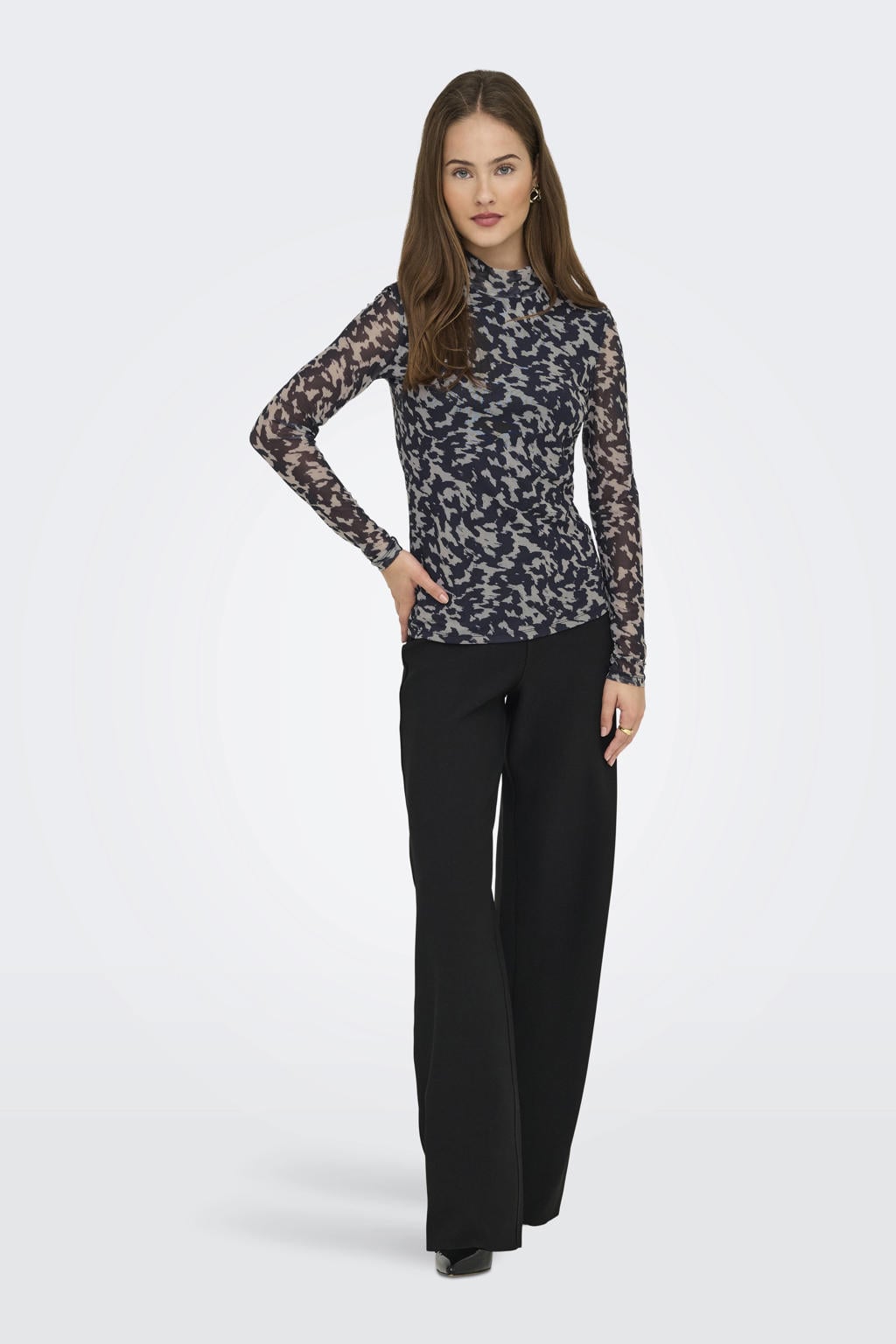 Zwart en grijze dames ONLY top van polyester met lange mouwen en mesh
