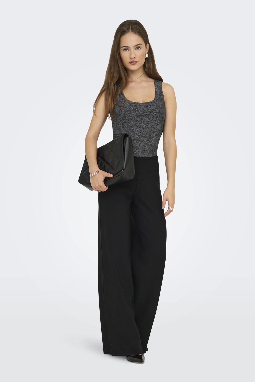 Zilver en zwarte dames ONLY mouwloze top van viscose met effen, ronde hals en glitters