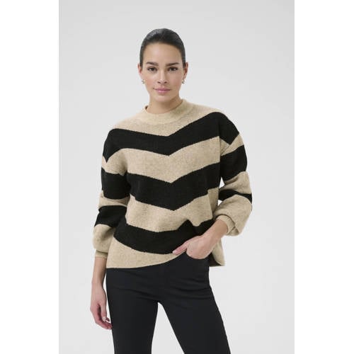 Kaffe gestreepte gebreide trui met wol beige afbeelding
