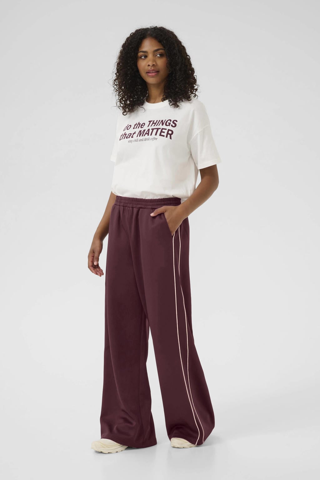Donkerrode dames Kaffe wide leg high waist broek met effen