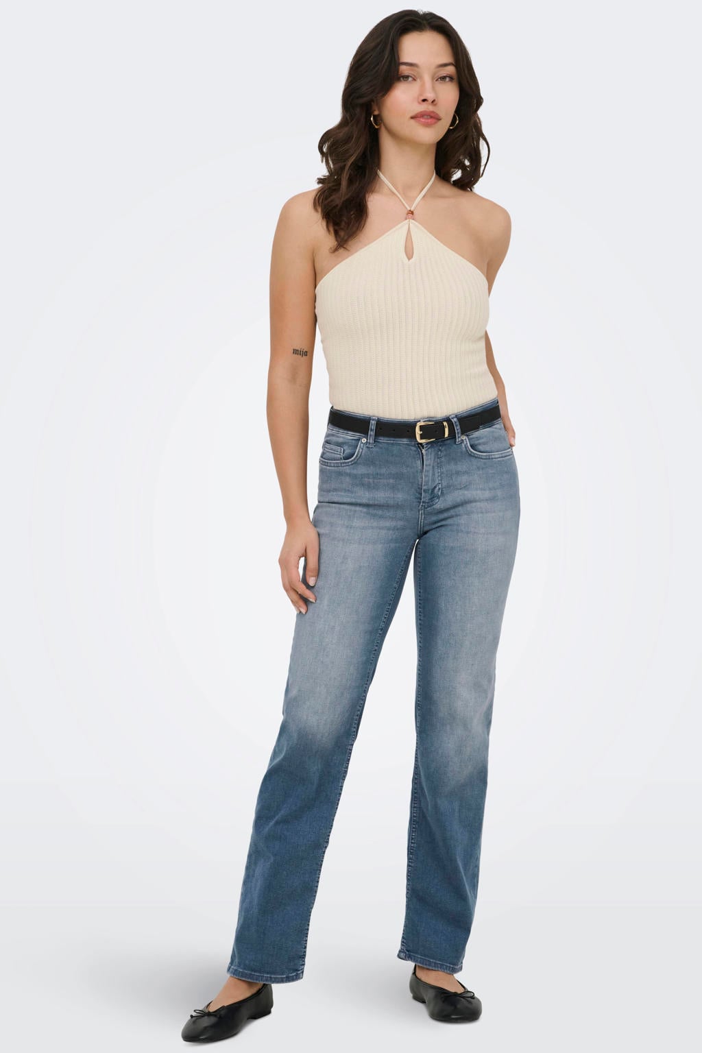 Grey denim dames ONLY jeans straight leg blue van denim met rits- en knoopsluiting en effen