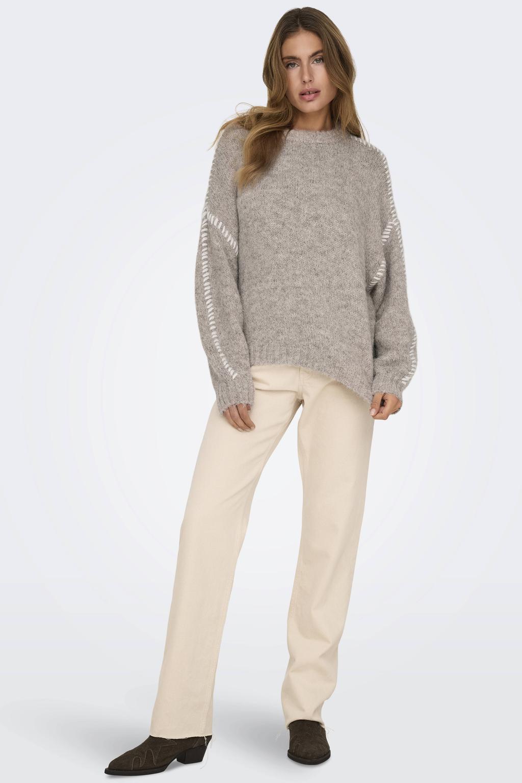 Lichtbruin en witte dames JDY gebreide trui van polyester met melée print, lange mouwen, ronde hals en contrast stiksels