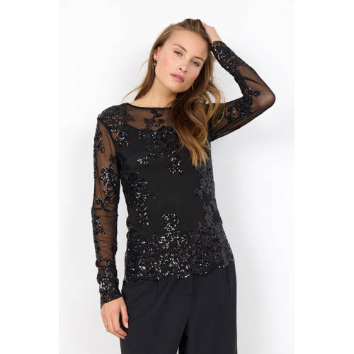 Soyaconcept gebloemde top zwart met pailletten afbeelding