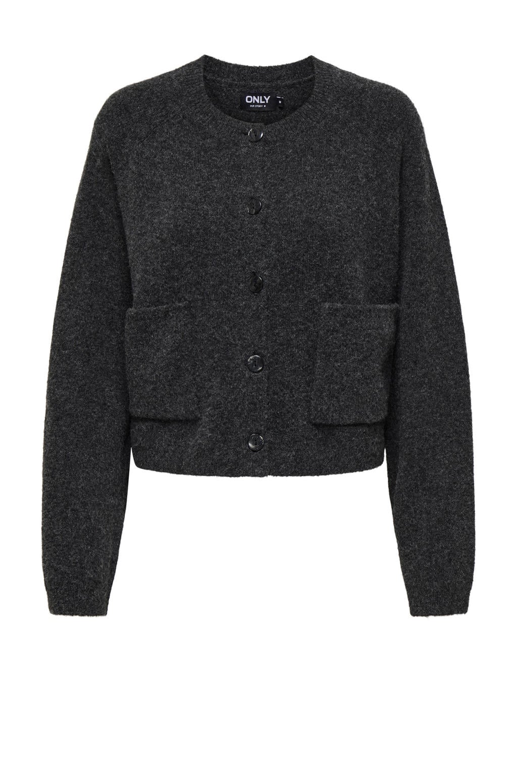 Grijs melange dames ONLY gebreid vest melange van wol met effen, lange mouwen, ronde hals en knoopsluiting