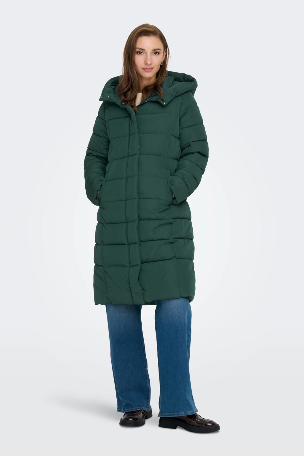 Donkergroene dames ONLY gewatteerde jas van polyester met effen, lange mouwen, capuchon en rits- en drukknoopsluiting