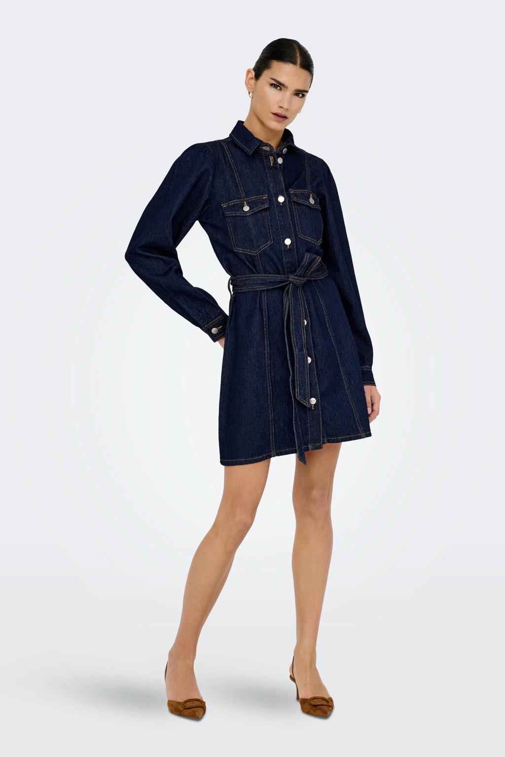Dark blue denim dames ONLY spijkerjurk dark blue van denim met effen, lange mouwen en klassieke kraag