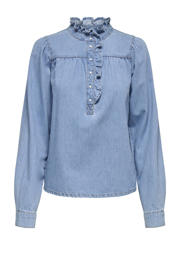 thumbnail: Light blue denim dames ONLY blousetop van denim met effen, lange mouwen, klassieke kraag, knoopsluiting en ruches