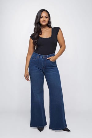 high waist wide leg jeans medium blue denim