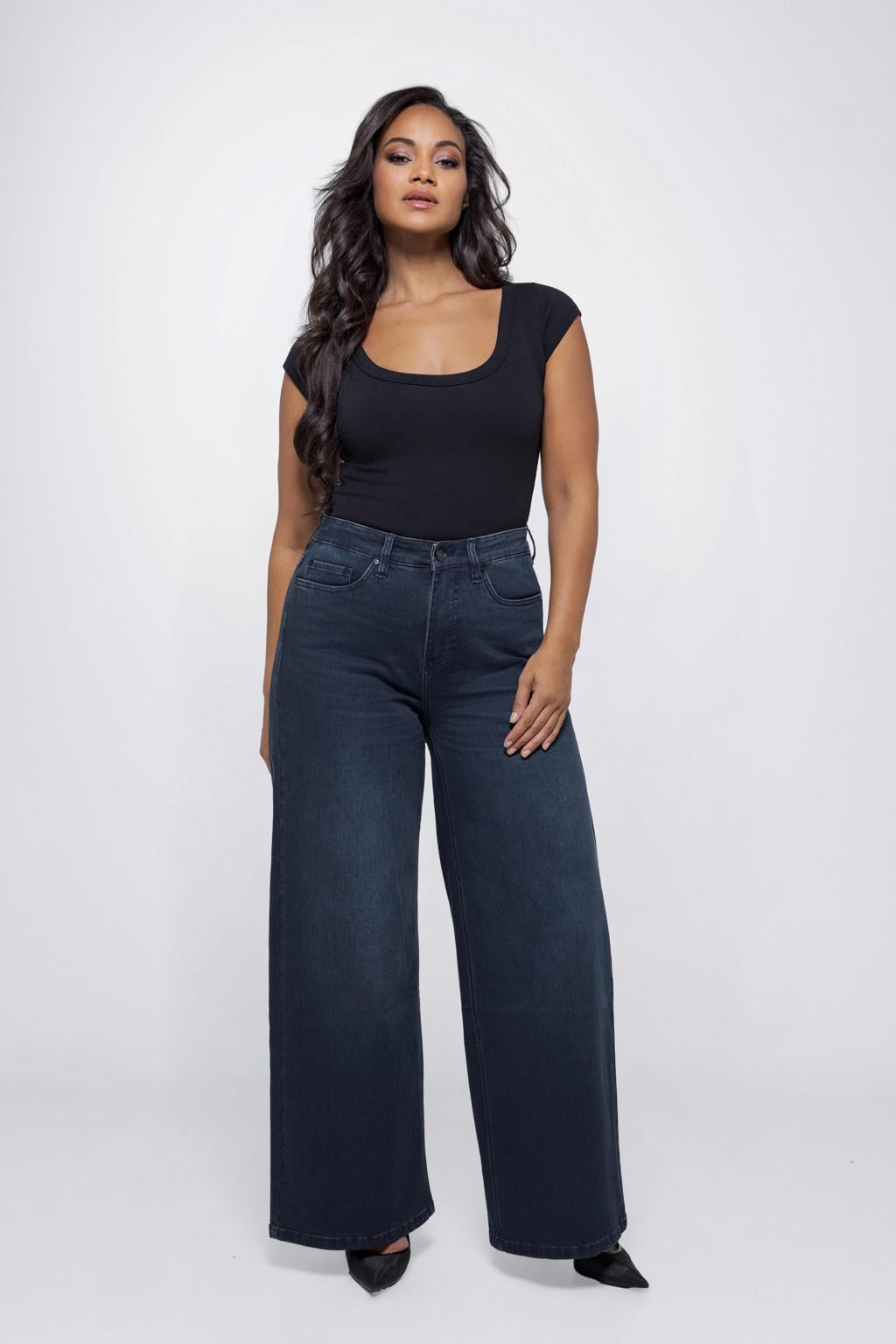 Dark blue denim dames Fox Factor high waist wide leg jeans dark blue van denim met rits- en knoopsluiting en effen