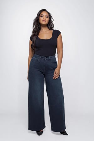 high waist wide leg jeans dark blue denim