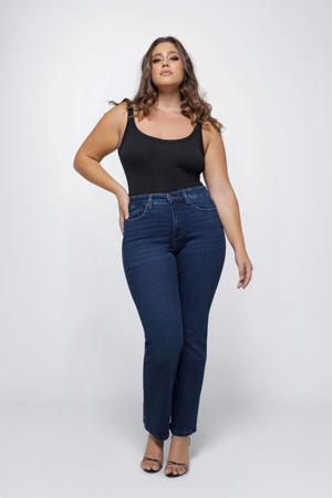 high waist straight leg jeans dark blue denim