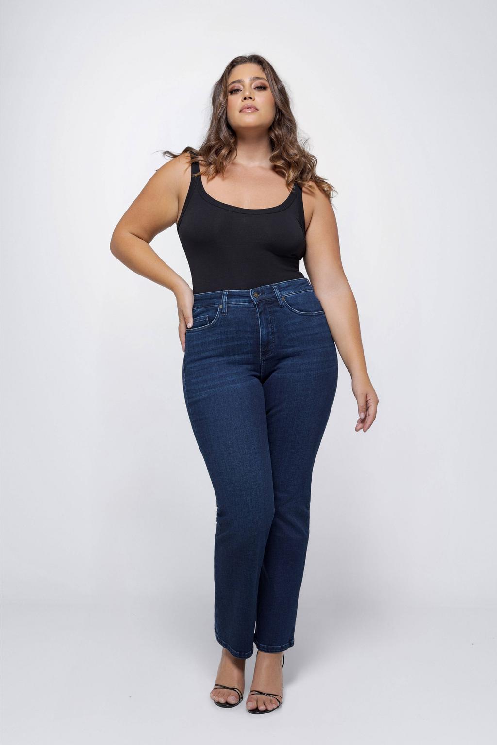 Dark blue denim dames Fox Factor high waist straight leg jeans dark blue van denim met rits- en knoopsluiting en effen