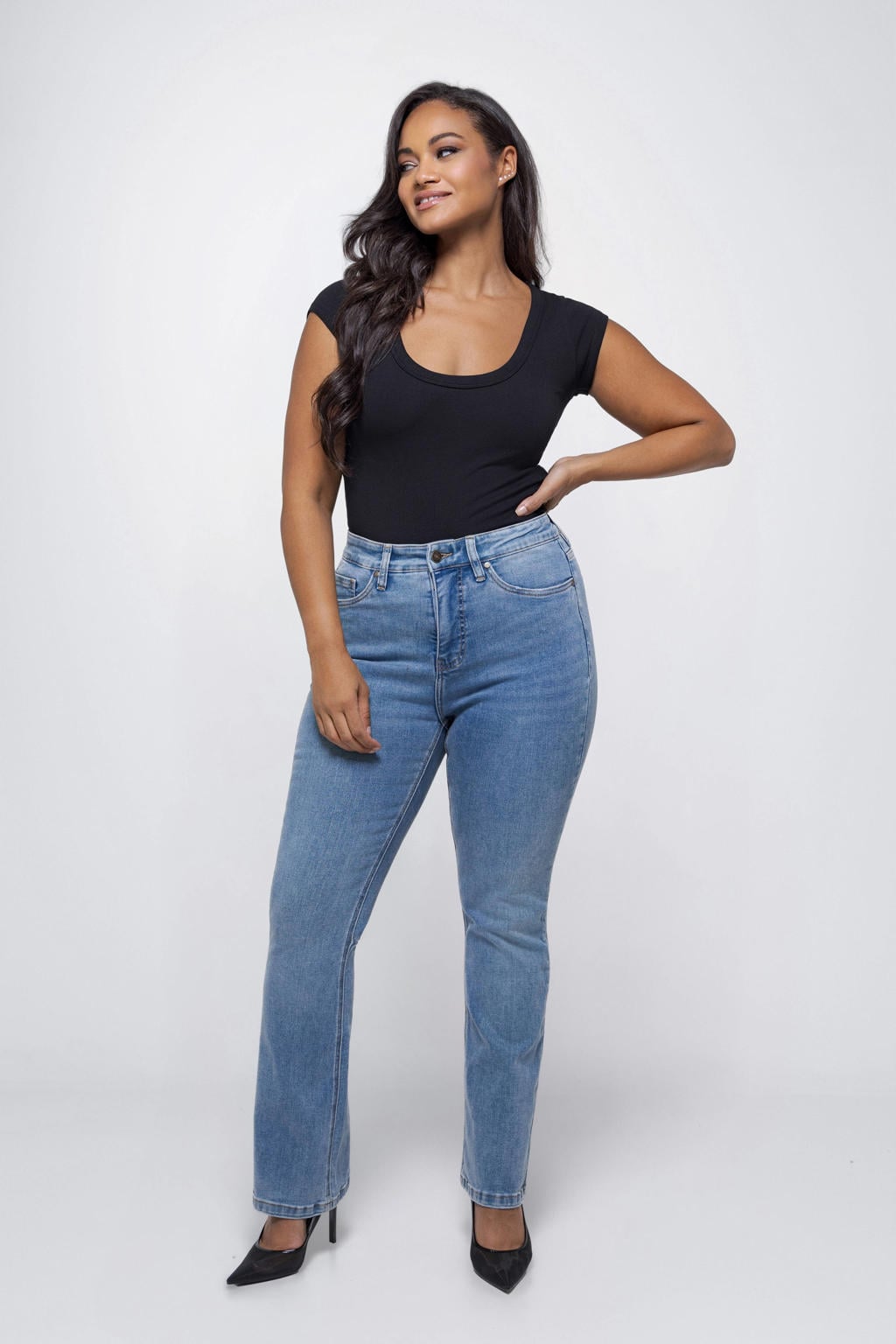 Medium blue denim dames Fox Factor high waist bootcut jeans van denim met rits- en knoopsluiting en effen