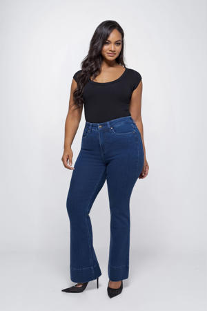 high waist flared jeans dark blue denim