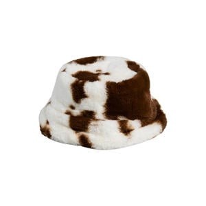 bucket hat PCJEANEL met koeienprint ecru/bruin